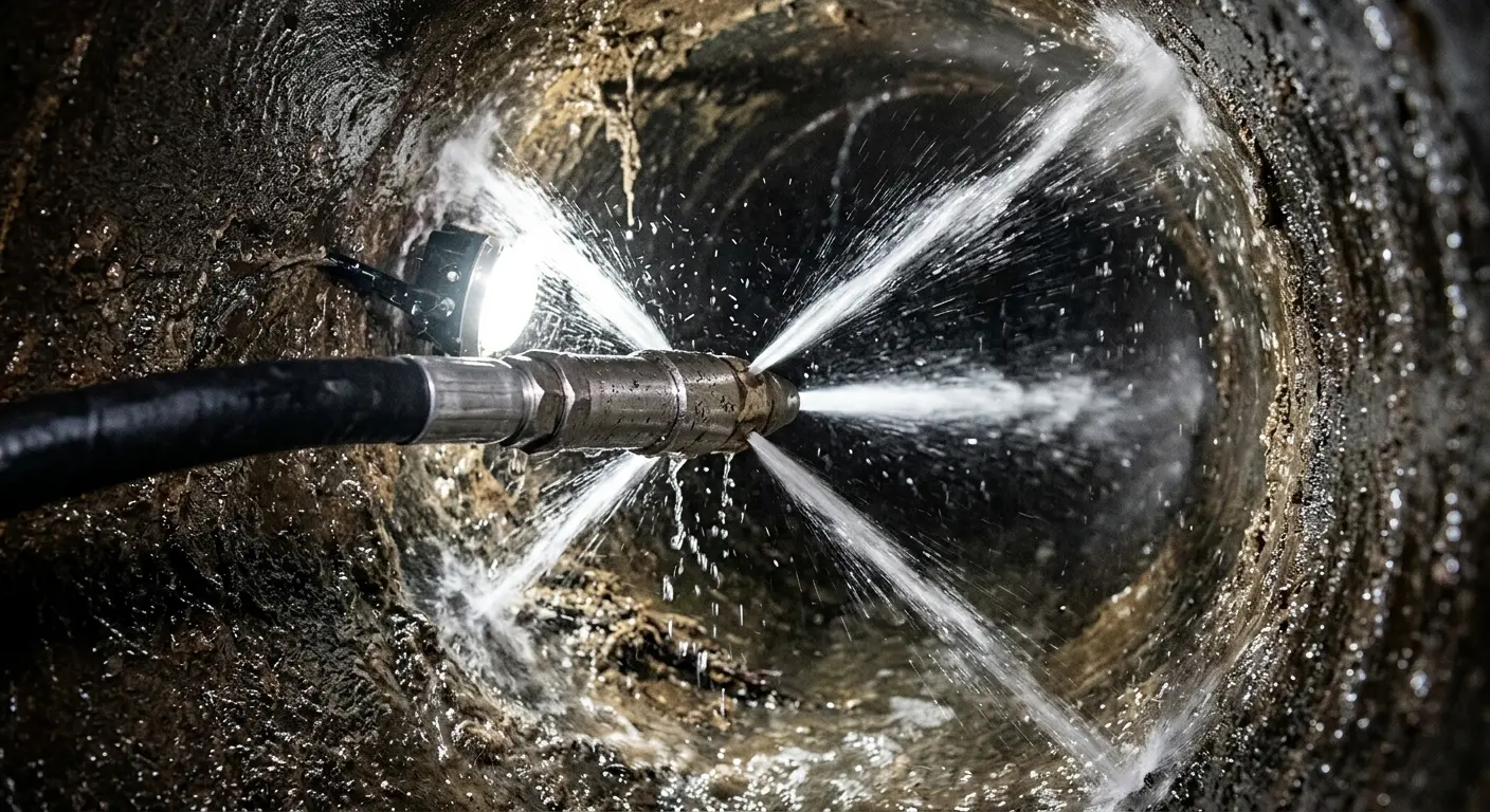 High-pressure hydro jetting nozzle cleaning sewer pipe for Emergency Drain Service in Menomonee Falls