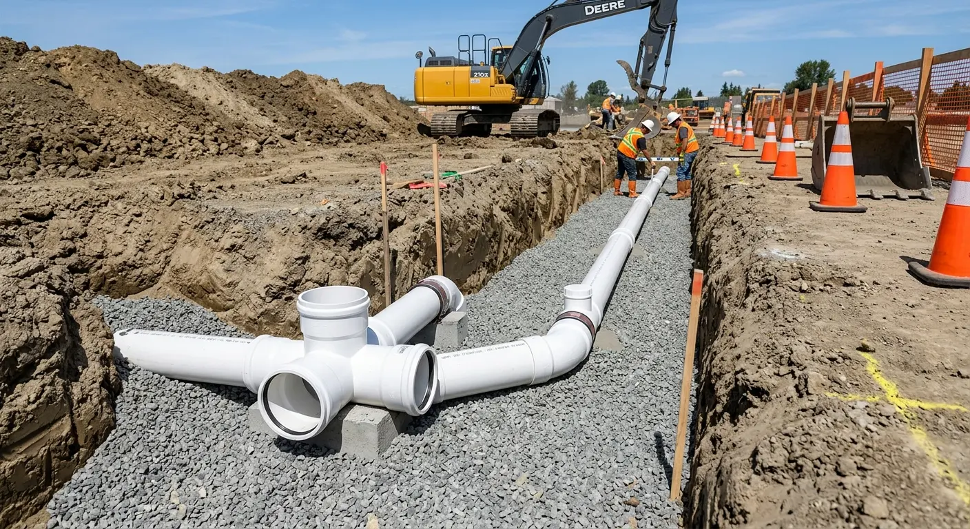 New PVC sewer pipe installation in open trench for Grease Trap Cleaning in Menomonee Falls