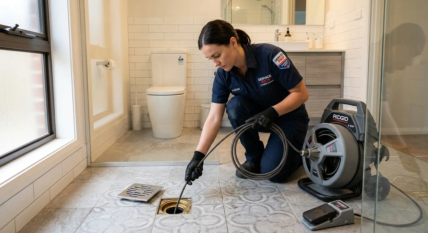 Technician clearing a bathroom floor drain for Drain Repair in Menomonee Falls